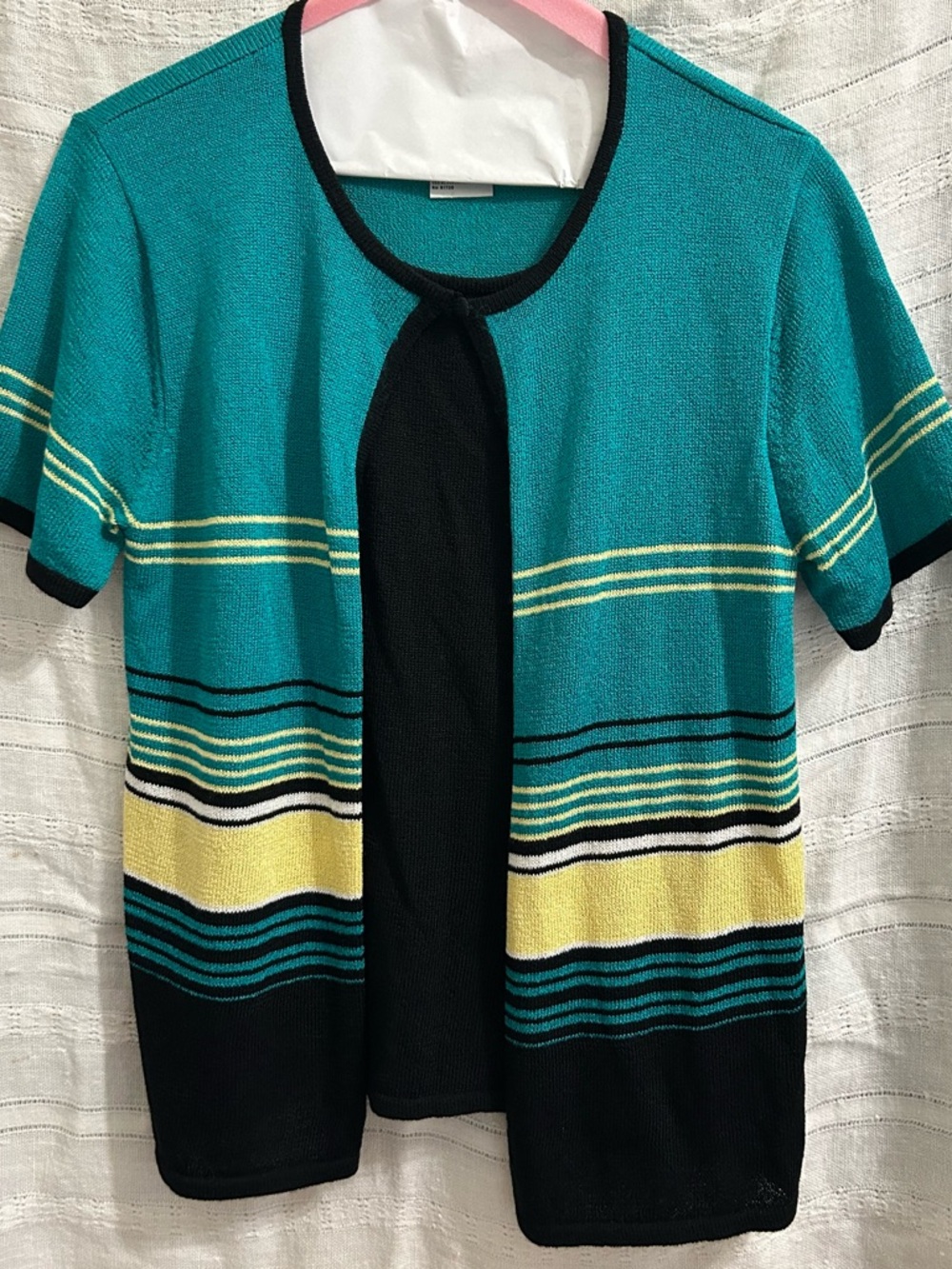 Sag Harbor Teal and Black Short-Sleeve Open Cardigan